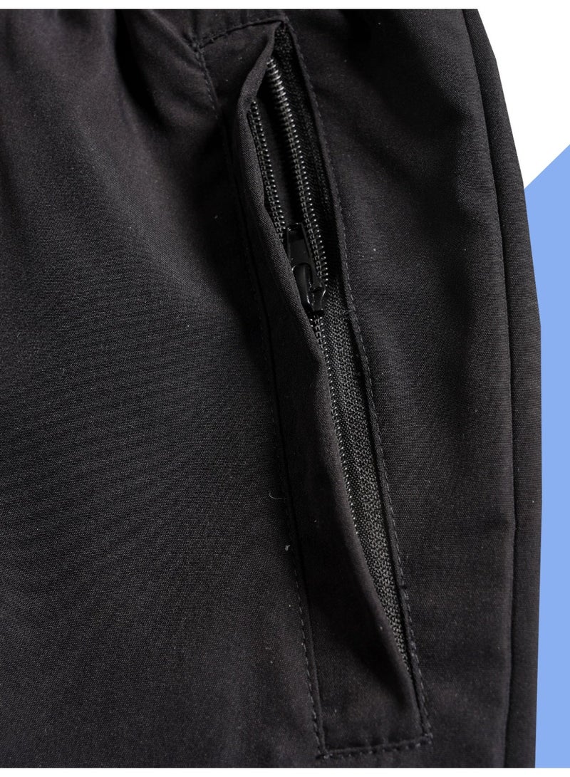 Men's Solid Black Casual Shorts Athletic Activewear with Secure Zip Pocket & Drawstring - Image 5
